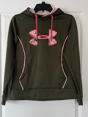Under Armour Olive Green Hoodie with Pink Drawstrings